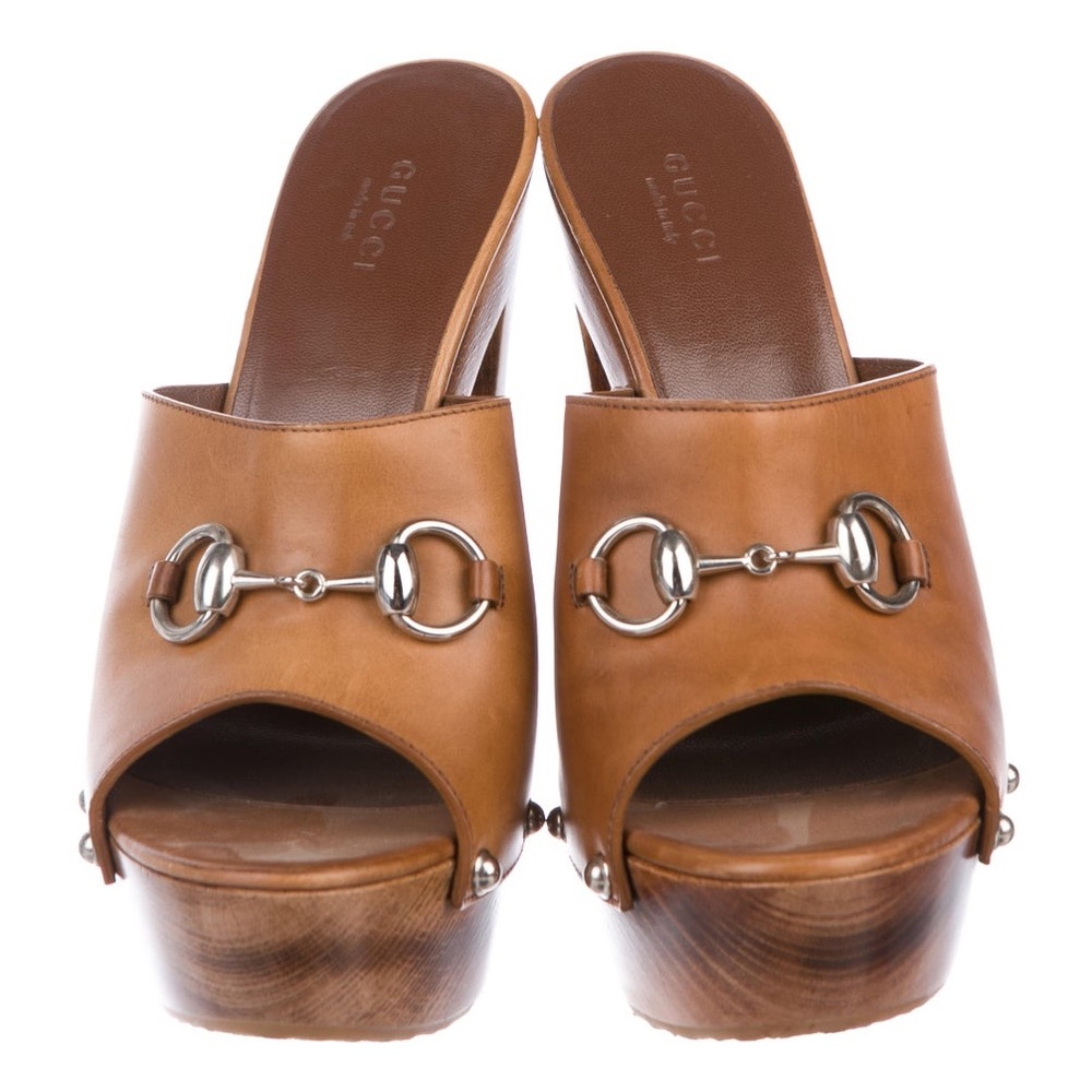 Gucci Women's Tan Leather Platform Mules NIB